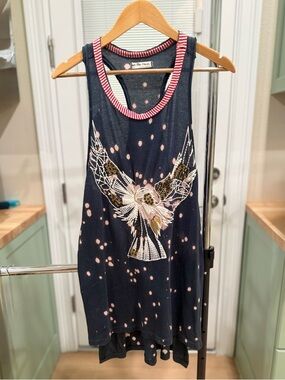 We The Free Navy Blue Polka Dot Racerback Tank with Red Stripe Trim